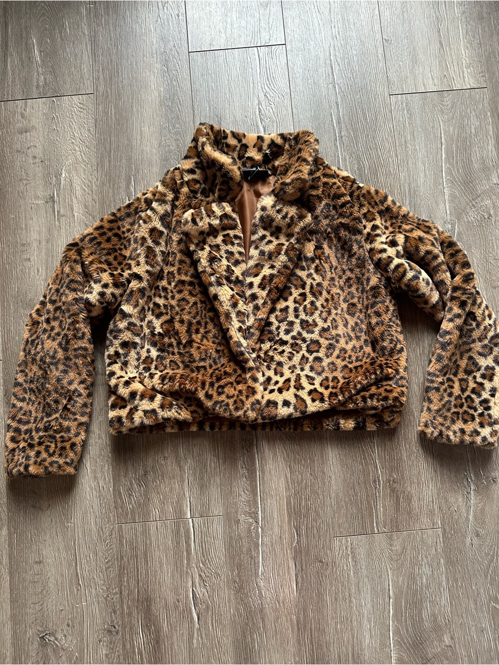 Leopard Print Teddy Jacket - Brown Faux Fur